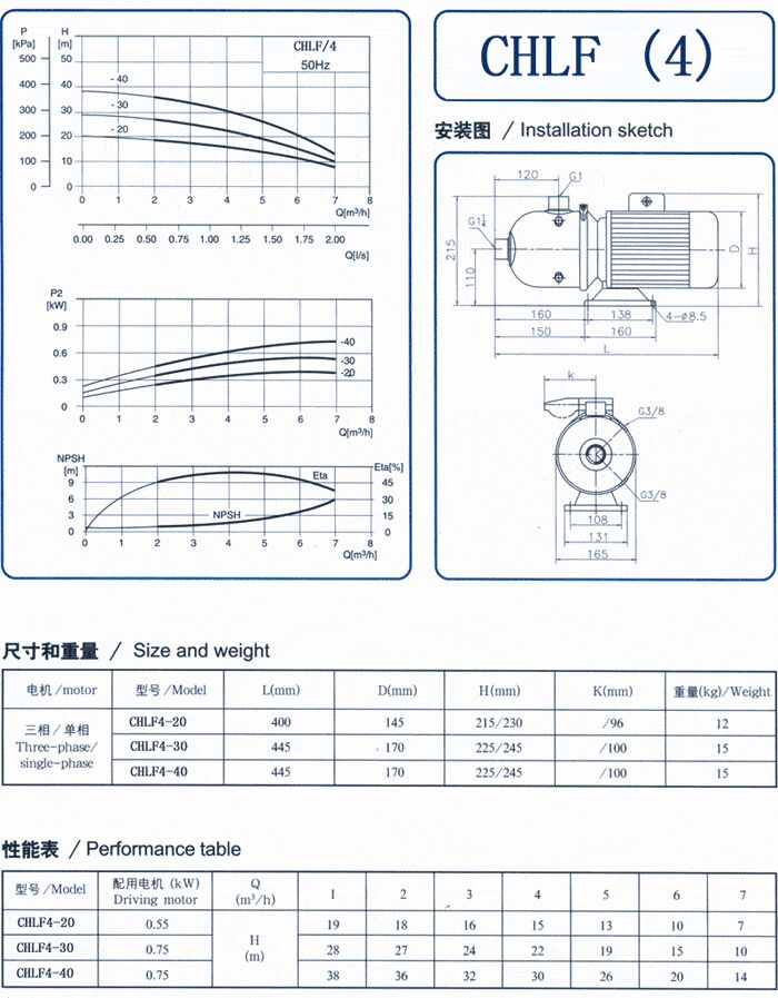 CHLF輕型立式不銹鋼多級(jí)離心泵安裝圖、尺寸、性能