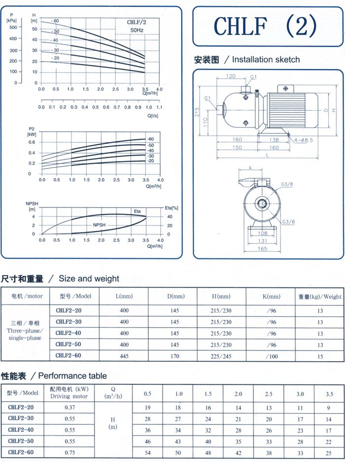 CHLF輕型立式不銹鋼多級(jí)離心泵安裝圖、尺寸、性能