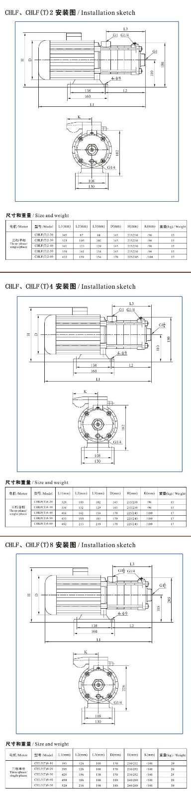 CHLF(T)輕型不銹鋼多級(jí)離心泵安裝圖、尺寸及重量