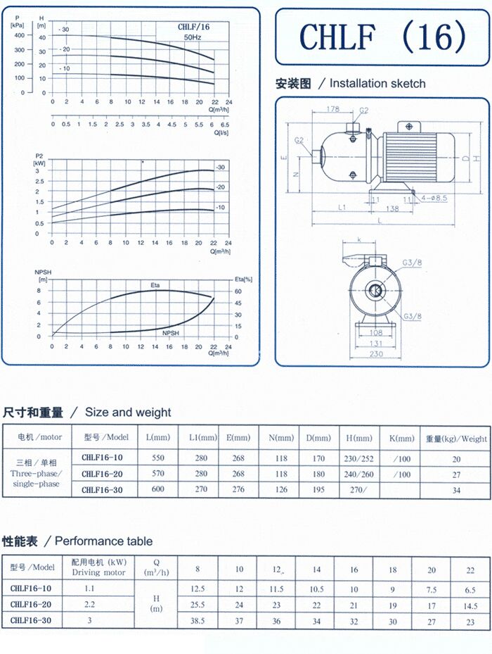 CHLF輕型不銹鋼多級(jí)離心泵尺寸和重量、性能表