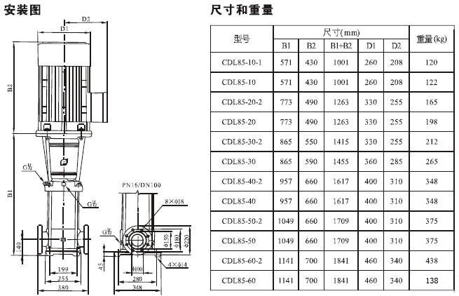 CDLF系列輕型不銹鋼立式多級泵安裝尺寸及重量